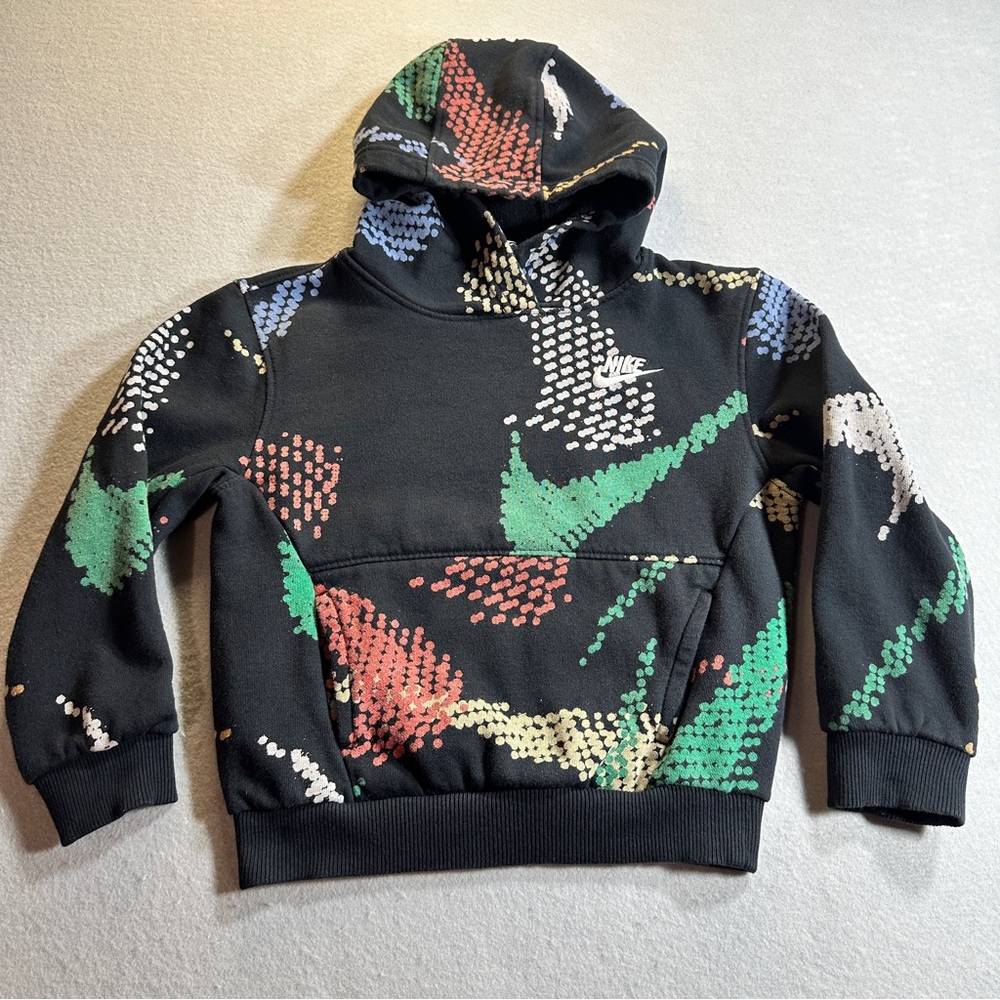 Nike Kids Hoodie Small Black Pullover Sweatshirt‎ Colorful Swoosh Print Logo